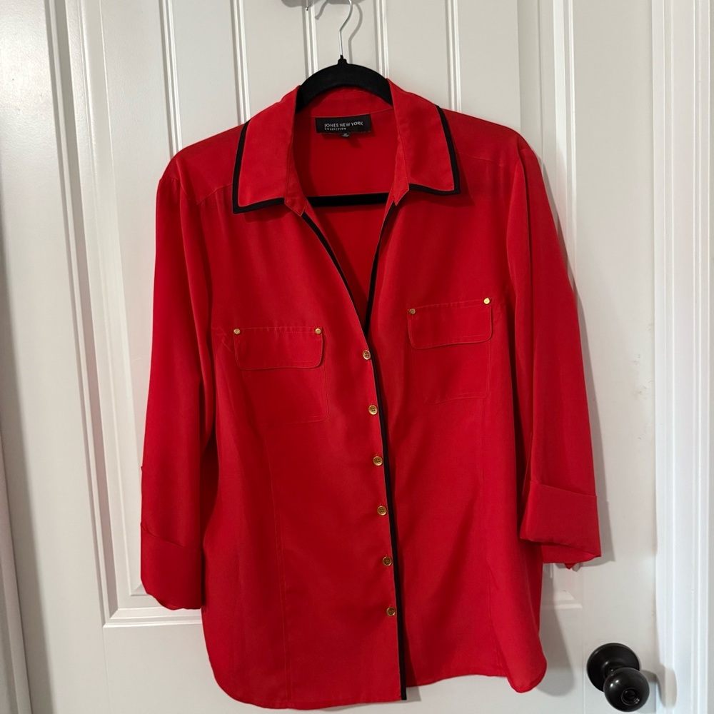 Red Button-Up Blouse with Black Trim